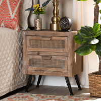 Baxton Studio JYCR19B-007-Rattan-NS Baxton Studio Calida Mid-Century Modern Whitewashed Natural Brown Finished Wood and Rattan 2-Drawer Nightstand